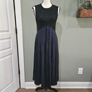 ZARA Pleated Satin and Lace Navy and‎ Black Midi Dress Size M
